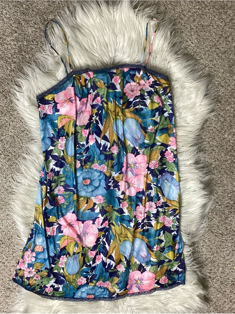 Vintage Vanity Fair Blue Pink Floral Satin Chemise Slip Dress Short Med